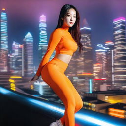 An Asian girl wearing very tight orange spandex leggings