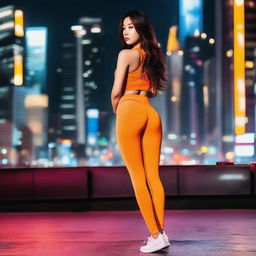 An Asian girl wearing very tight orange spandex leggings