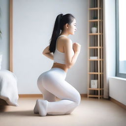 A beautiful Asian girl wearing very tight transparent white spandex yoga leggings in a back squatting position in a bedroom