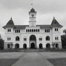 Black and white wide front view of Lawang Sewu