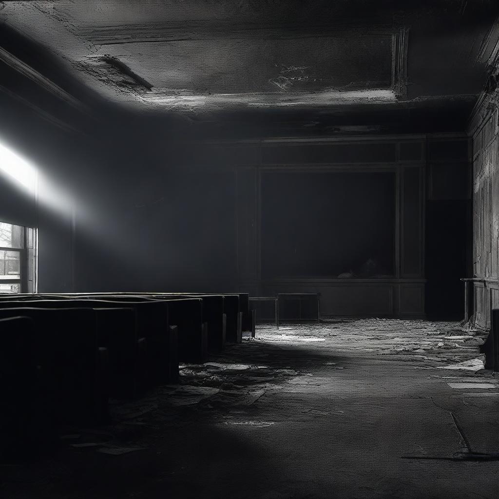 A haunting scene inside a burned-out movie theater, rendered in black and white