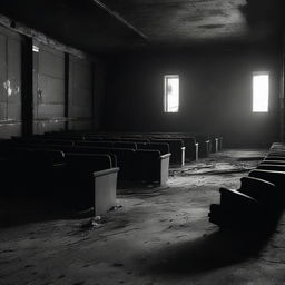 A haunting scene inside a burned-out movie theater, rendered in black and white