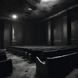 A haunting scene inside a burned-out movie theater, rendered in black and white