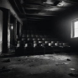 A haunting scene inside a burned-out movie theater, rendered in black and white