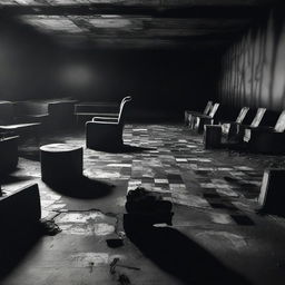 A black and white image of a chessboard placed inside a burned out movie theater