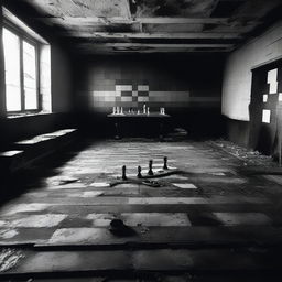 A black and white image of a chessboard placed inside a burned out movie theater