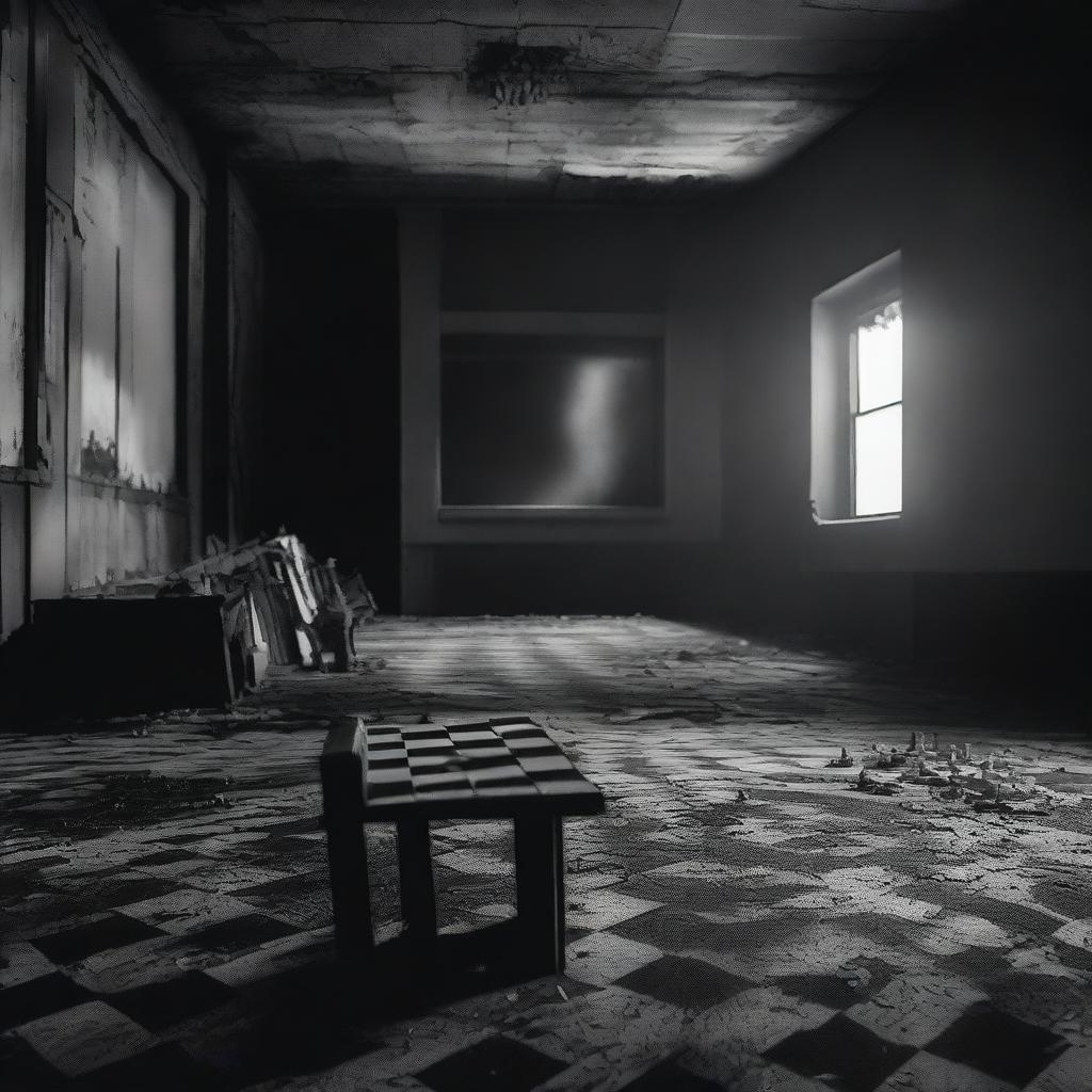 A black and white image of a chessboard placed inside a burned out movie theater