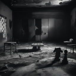 A black and white image of a chessboard placed inside a burned out movie theater