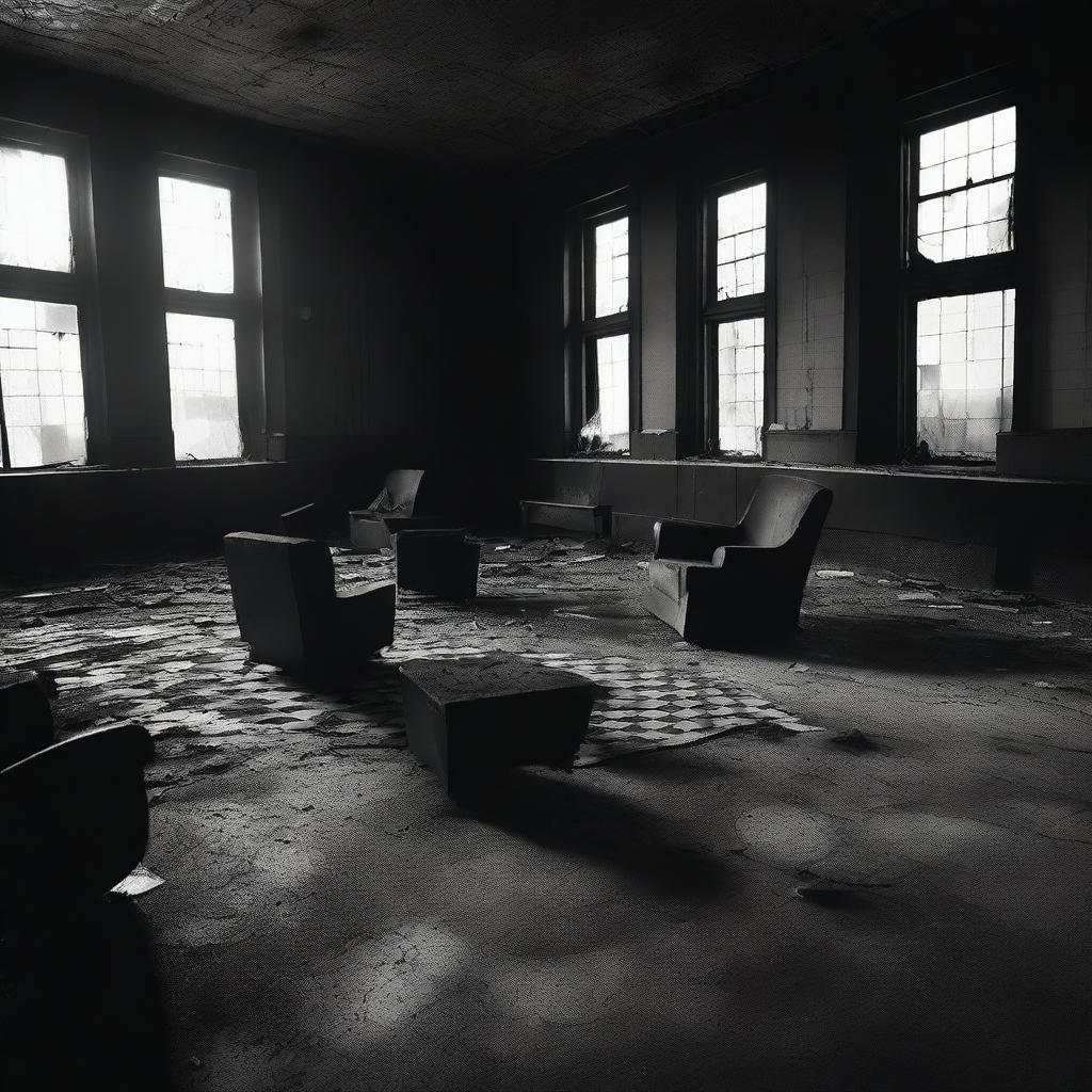 Inside a burned out movie theater, there is a chessboard in black and white