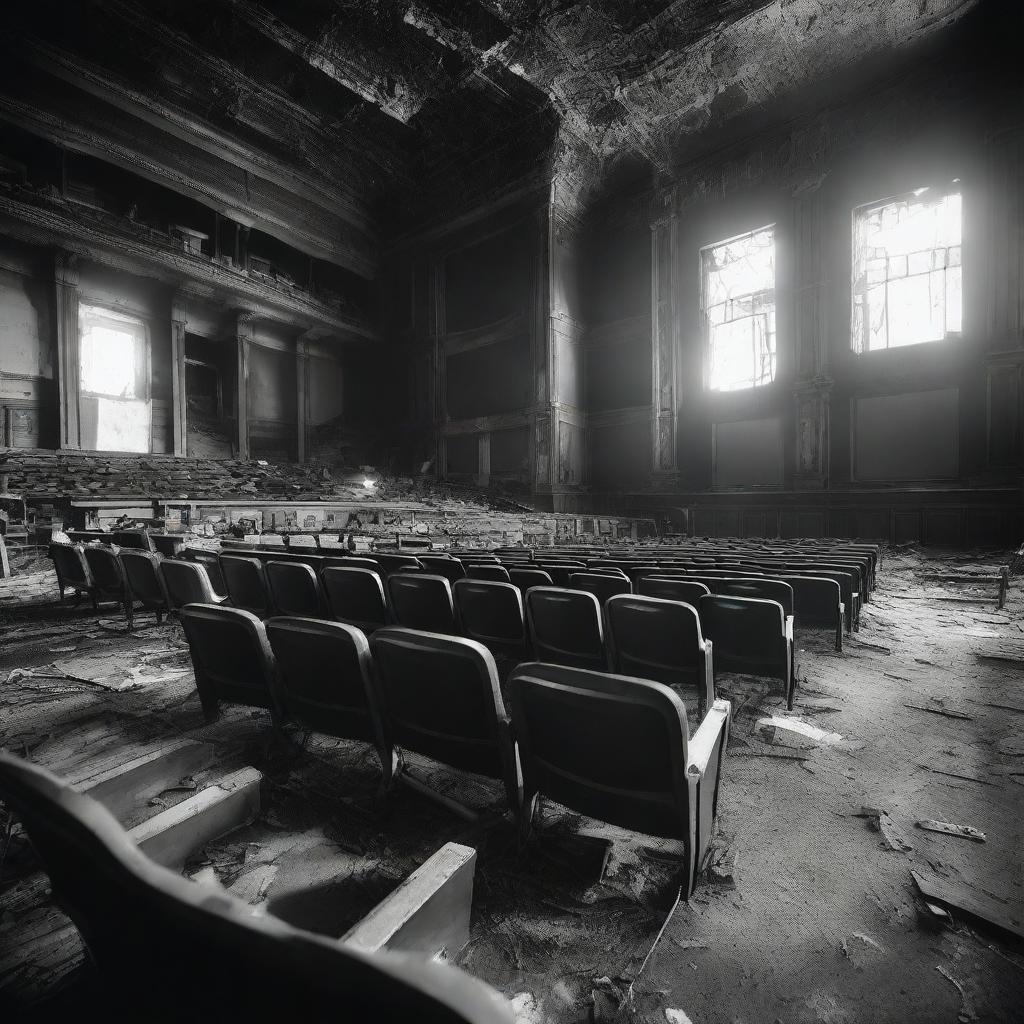 A black and white image of the interior of a burned out movie theater