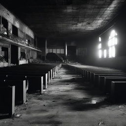 A black and white image of the interior of a burned out movie theater