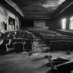 A black and white image of the interior of a burned out movie theater