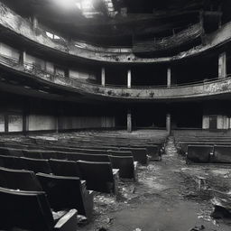 A black and white image of the interior of a burned out movie theater