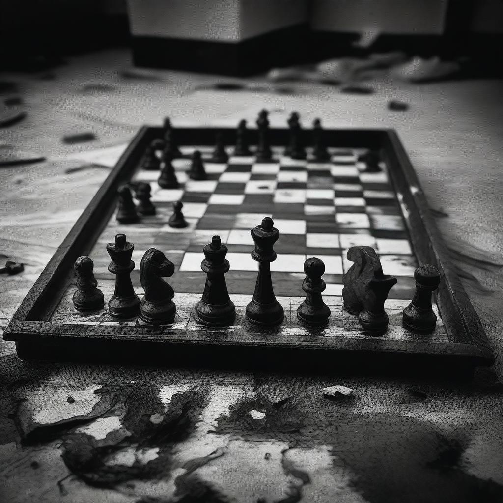 A black and white image of a burned out chessboard