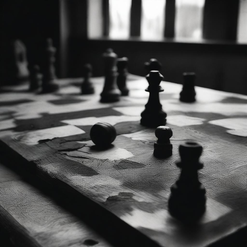 A black and white image of a burned out chessboard