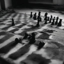 A black and white image of a burned out chessboard