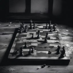 A black and white image of a burned out chessboard