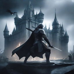 A dark and menacing knight dressed in black armor is whipping an elf in front of a foreboding, scary castle