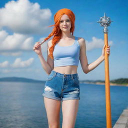 A real life interpretation of Nami, the navigator from One Piece; a young woman with bright orange hair holding navigational tools, dressed in modern casual wear, standing on a jetty by the sea under a vivid sunny sky.