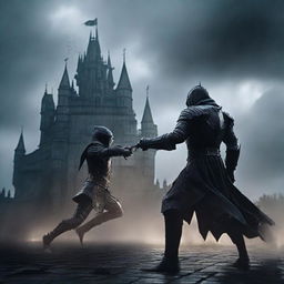 A dark and menacing knight dressed in black armor is whipping an elf in front of a foreboding, scary castle