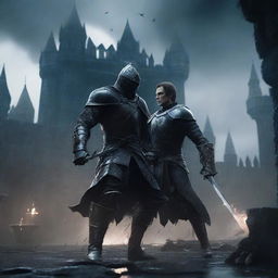 A dark and menacing knight dressed in black armor is whipping an elf in front of a foreboding, scary castle