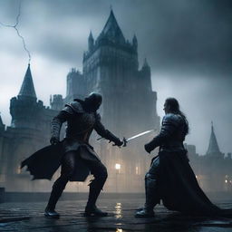 A dark and menacing knight dressed in black armor is whipping an elf in front of a foreboding, scary castle