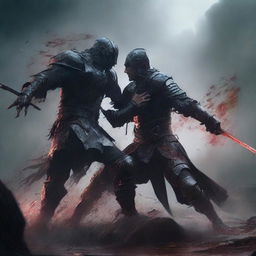 A dark and menacing knight dressed in black armor is beating an elf to death with blood splatters everywhere