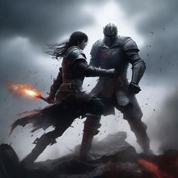 A dark and menacing knight dressed in black armor is beating an elf to death with blood splatters everywhere