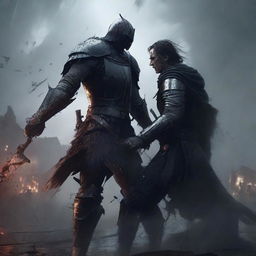 A dark and menacing knight dressed in black armor is beating an elf to death with blood splatters everywhere