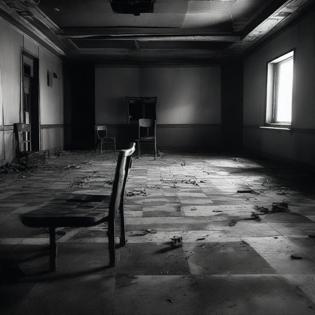 A black and white image featuring a chessboard inside a burned out movie theater