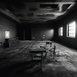 A black and white image featuring a chessboard inside a burned out movie theater