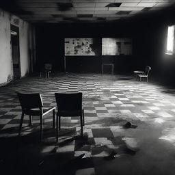 A black and white image featuring a chessboard inside a burned out movie theater