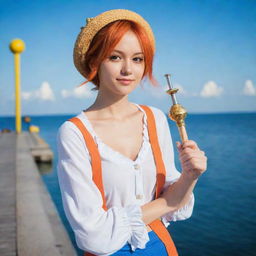 A real life interpretation of Nami, the navigator from One Piece; a young woman with bright orange hair holding navigational tools, dressed in modern casual wear, standing on a jetty by the sea under a vivid sunny sky.