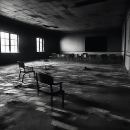 A black and white image featuring a chessboard inside a burned out movie theater