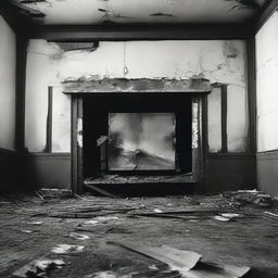 A black and white image of a burned out movie theater screen