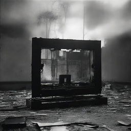 A black and white image of a burned out movie theater screen