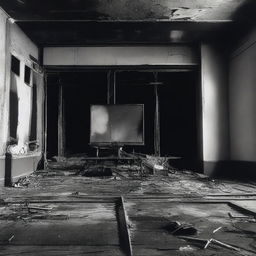 A black and white image of a burned out movie theater screen