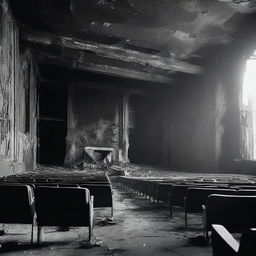 A black and white image of a burned out movie theater screen