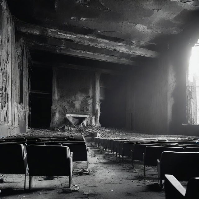 A black and white image of a burned out movie theater screen