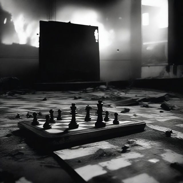 A black and white image featuring a chessboard placed in front of a burned out movie theater screen