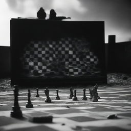 A black and white image featuring a chessboard placed in front of a burned out movie theater screen