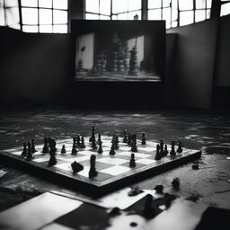 A black and white image featuring a chessboard placed in front of a burned out movie theater screen