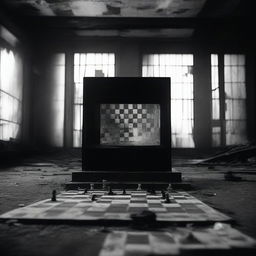 A black and white image featuring a chessboard placed in front of a burned out movie theater screen