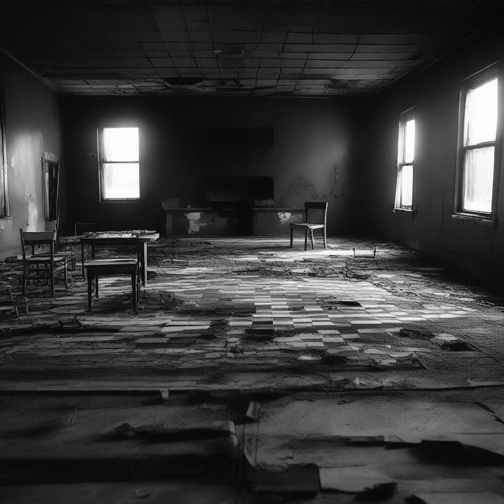 A black and white image of a chessboard inside a burned out movie theater