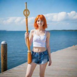 A real life interpretation of Nami, the navigator from One Piece; a young woman with bright orange hair holding navigational tools, dressed in modern casual wear, standing on a jetty by the sea under a vivid sunny sky.