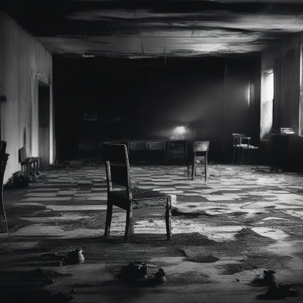 A black and white image of a chessboard inside a burned out movie theater