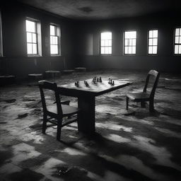 A black and white image of a chessboard inside a burned out movie theater