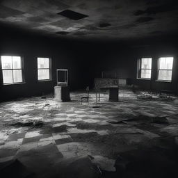 A black and white image of a chessboard inside a burned out movie theater