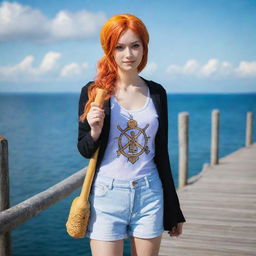 A real life interpretation of Nami, the navigator from One Piece; a young woman with bright orange hair holding navigational tools, dressed in modern casual wear, standing on a jetty by the sea under a vivid sunny sky.