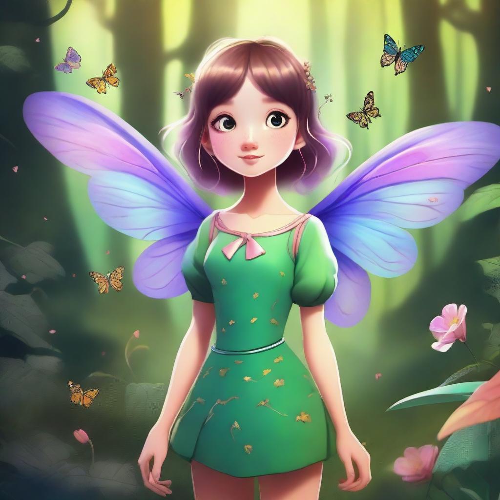 A girl with insect-like features, including delicate wings and antennae, dressed in a stylish yet fantastical outfit